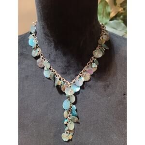 Women's Blue Shell Disc Dangle Necklace Handmade Boho Chain Statement Jewelry